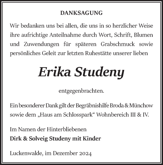 Traueranzeige von Erika Studeny von Märkische Oderzeitung