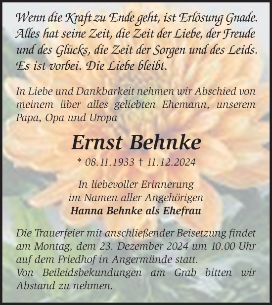 Traueranzeige von Ernst Behnke von Märkische Oderzeitung