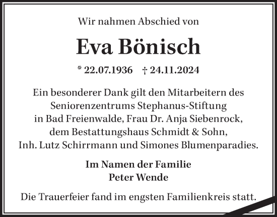 Traueranzeige von Eva Bönisch von Märkische Oderzeitung