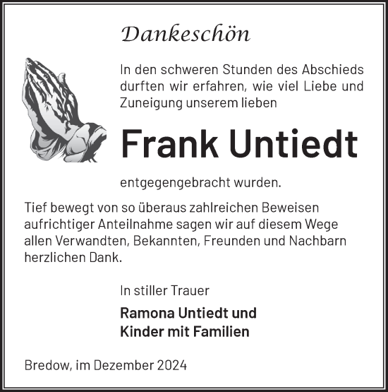 Traueranzeige von Frank Untiedt von Märkische Oderzeitung