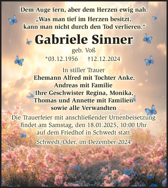 Traueranzeige von Gabriele Sinner von Märkische Oderzeitung