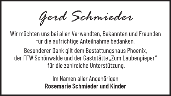 Traueranzeige von Gerd Schmieder von Märkische Oderzeitung