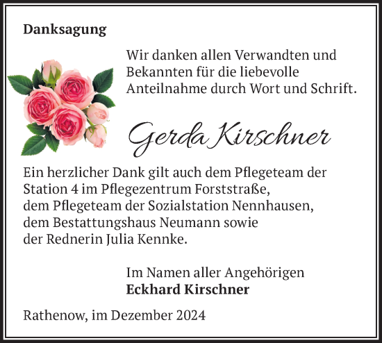 Traueranzeige von Gerda Kirschner von Märkische Oderzeitung