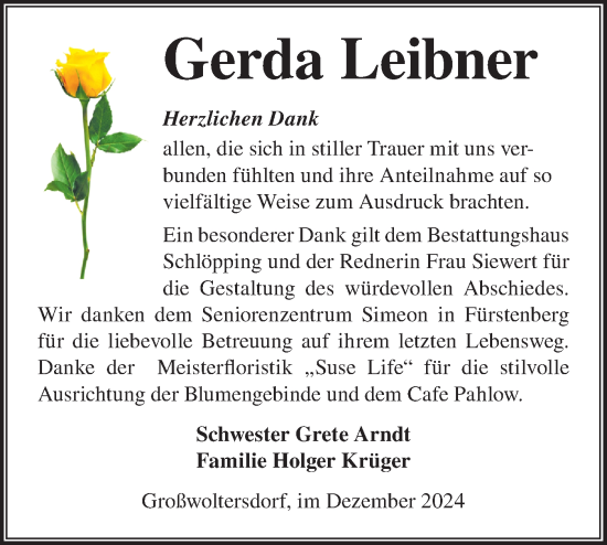 Traueranzeige von Gerda Leibner von Märkische Oderzeitung