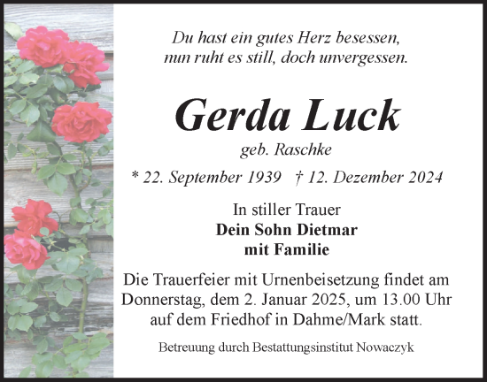 Traueranzeige von Gerda Luck von Märkische Oderzeitung