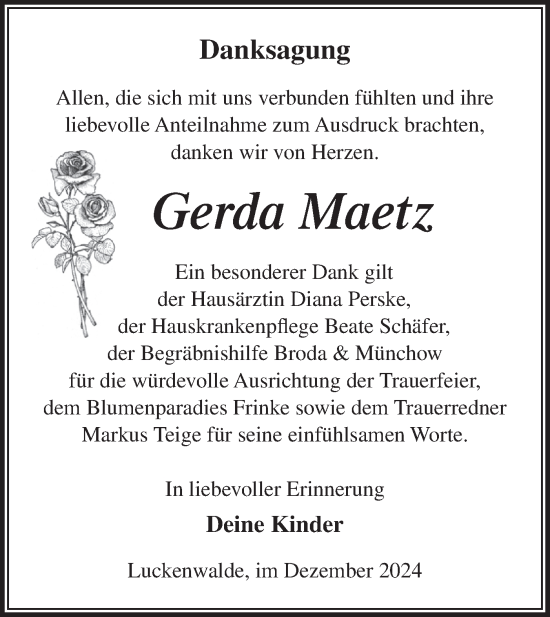 Traueranzeige von Gerda Maetz von Märkische Oderzeitung