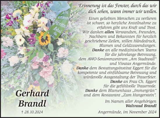 Traueranzeige von Gerhard Brandl von Märkische Oderzeitung