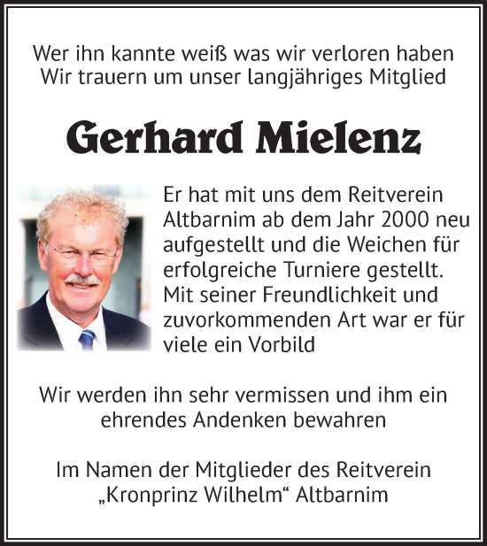 Traueranzeige von Gerhard Mielenz von Märkische Oderzeitung