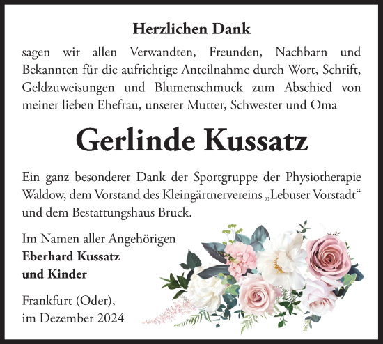 Traueranzeige von Gerlinde Kussatz von Märkische Oderzeitung