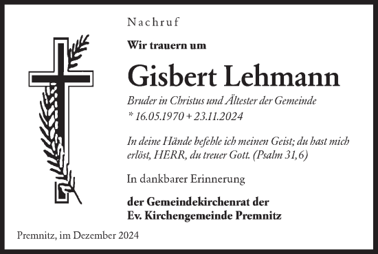 Traueranzeige von Gisbert Lehmann von Märkische Oderzeitung