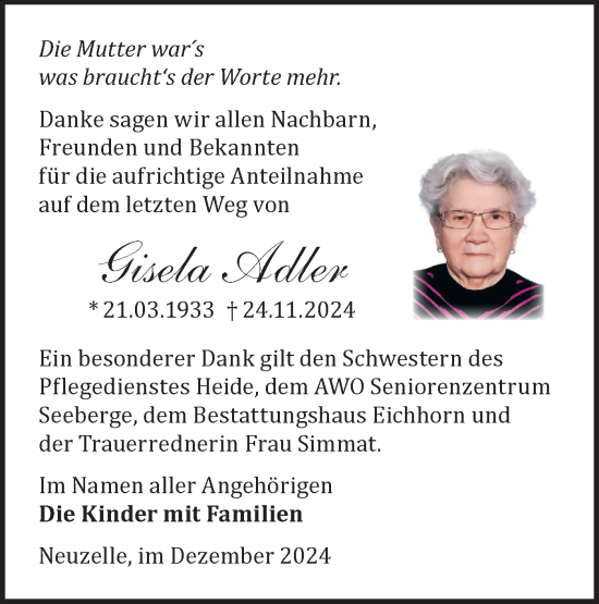 Traueranzeige von Gisela Adler von Märkische Oderzeitung