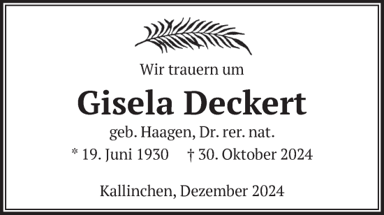 Traueranzeige von Gisela Decken von Märkische Oderzeitung