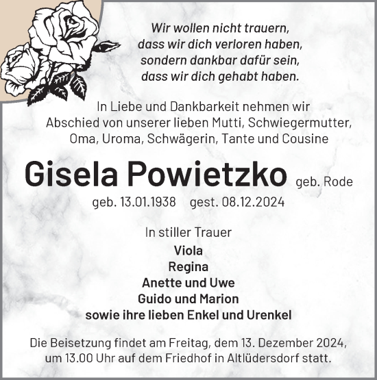 Traueranzeige von Gisela Powietzko von Märkische Oderzeitung