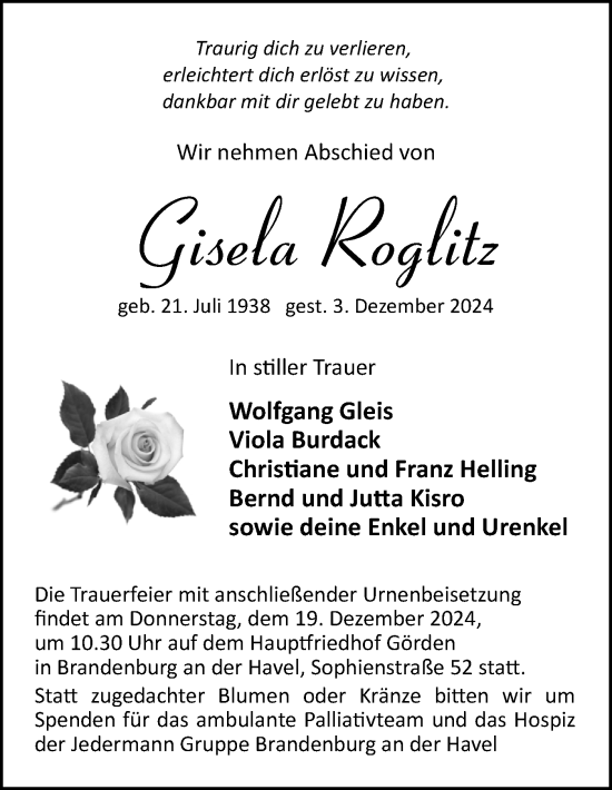 Traueranzeige von Gisela Roglitz von Märkische Oderzeitung