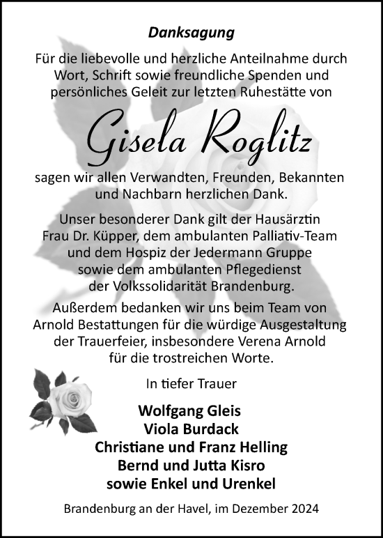 Traueranzeige von Gisela Roglitz von Märkische Oderzeitung