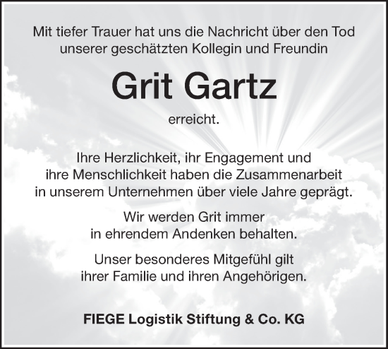 Traueranzeige von Grit Gartz von Märkische Oderzeitung