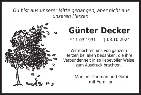 Traueranzeige von Günter Decker von Märkische Oderzeitung