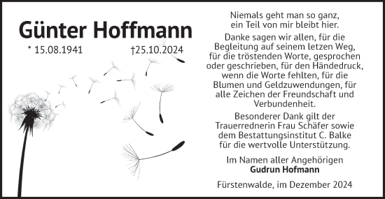 Traueranzeige von Günter Hoffmann von Märkische Oderzeitung