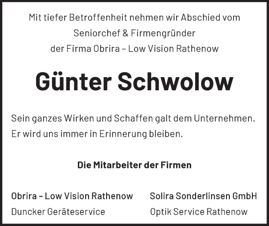 Traueranzeige von Günter Schwolow von Märkische Oderzeitung