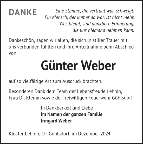 Traueranzeige von Günter Weber von Märkische Oderzeitung