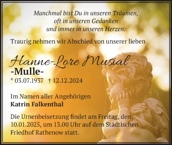 Traueranzeige von Hanne-Lore Musial von Märkische Oderzeitung