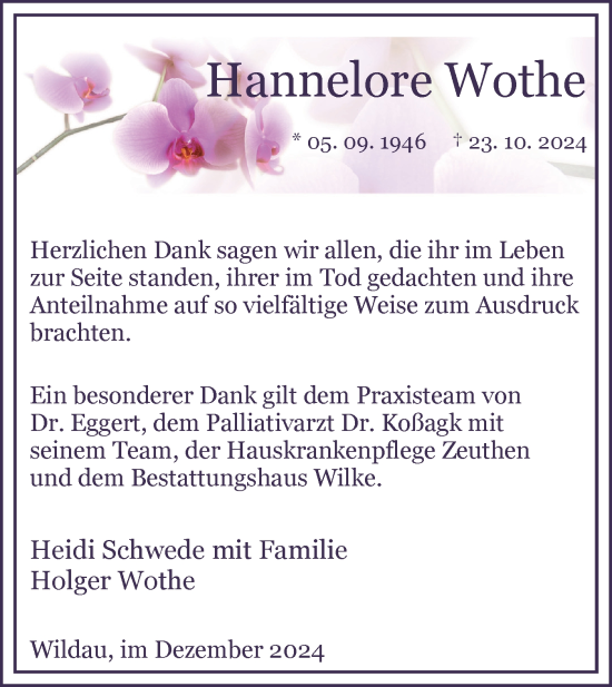 Traueranzeige von Hannelore Wothe von Märkische Oderzeitung