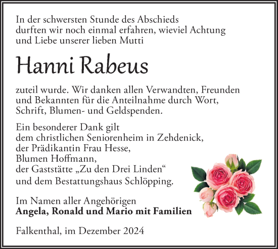 Traueranzeige von Hanni Rabeus von Märkische Oderzeitung