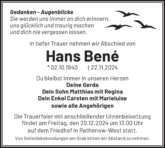 Traueranzeige von Hans Bene von Märkische Oderzeitung