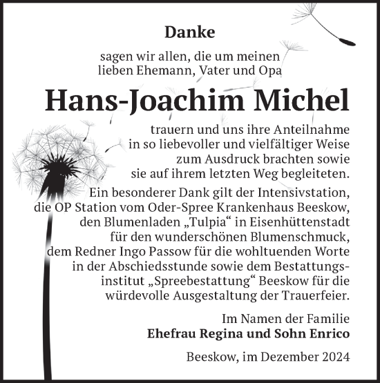 Traueranzeige von Hans-Joachim Michel von Märkische Oderzeitung