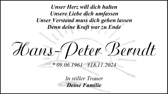 Traueranzeige von Hans-Peter Berndt von Märkische Oderzeitung