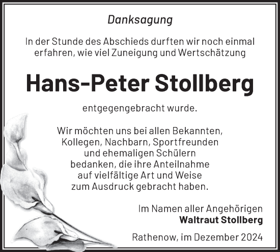 Traueranzeige von Hans-Peter Stollberg von Märkische Oderzeitung