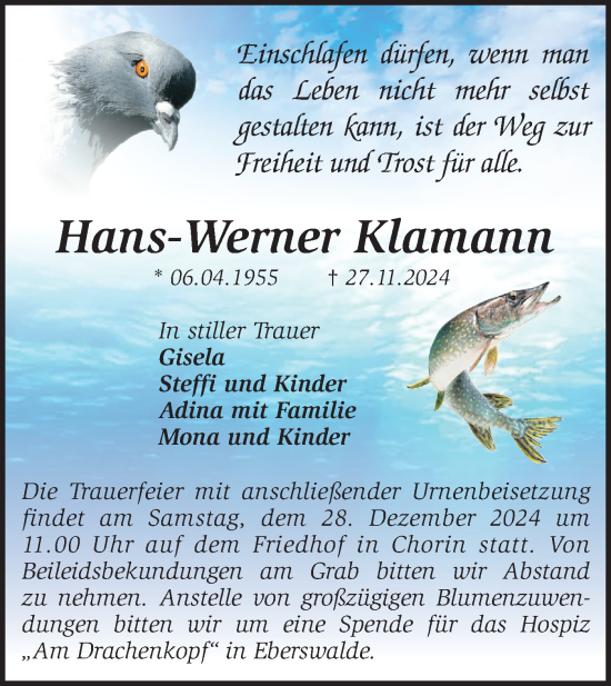 Traueranzeige von Hans-Werner Klomann von Märkische Oderzeitung