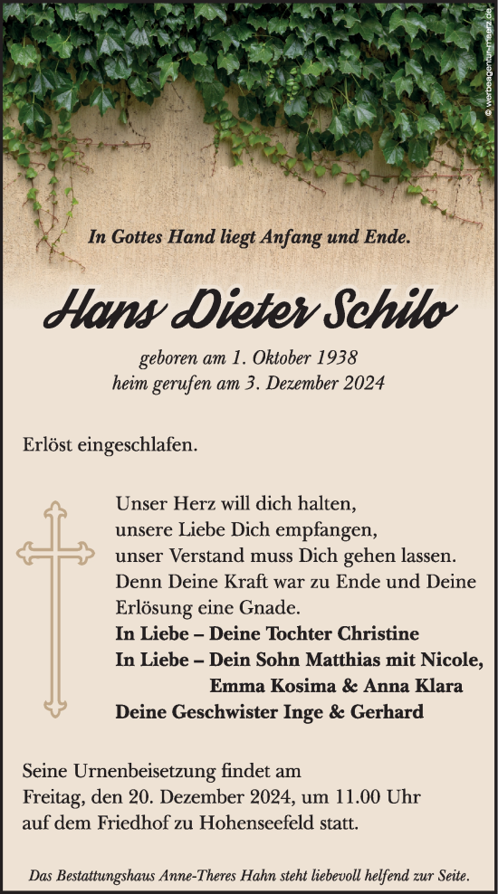 Traueranzeige von Hans Dieter Schilo von Märkische Oderzeitung