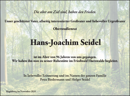 Traueranzeige von Hans Joachim Seidel von Märkische Oderzeitung