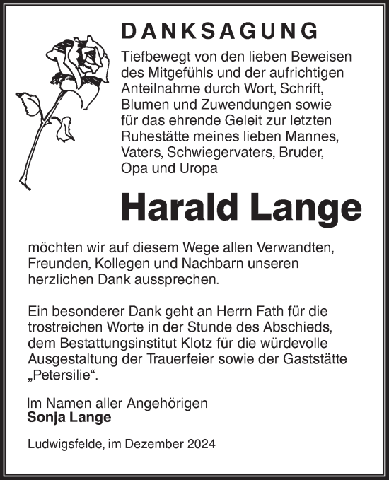 Traueranzeige von Harald Lange von Märkische Oderzeitung