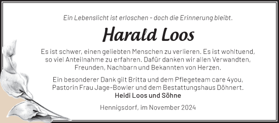 Traueranzeige von Harald Loos von Märkische Oderzeitung