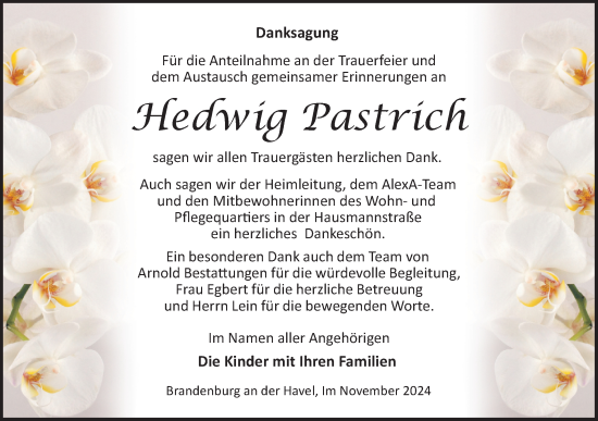 Traueranzeige von Hedwig Pastrich von Märkische Oderzeitung