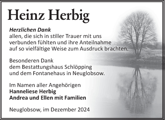 Traueranzeige von Heinz Herbig von Märkische Oderzeitung