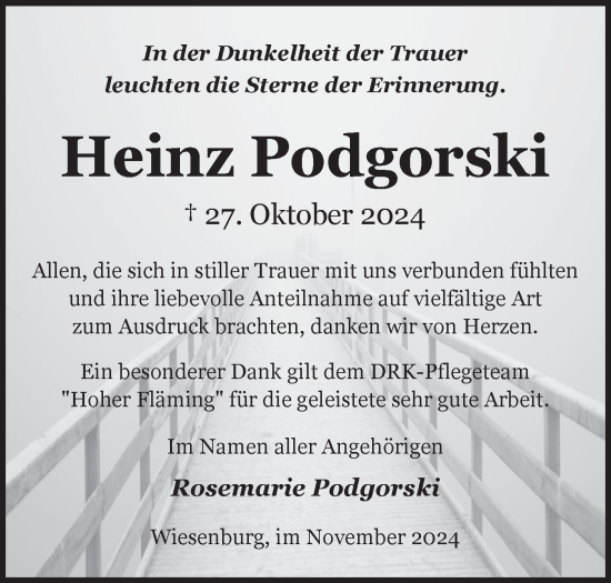 Traueranzeige von Heinz Podgorski von Märkische Oderzeitung