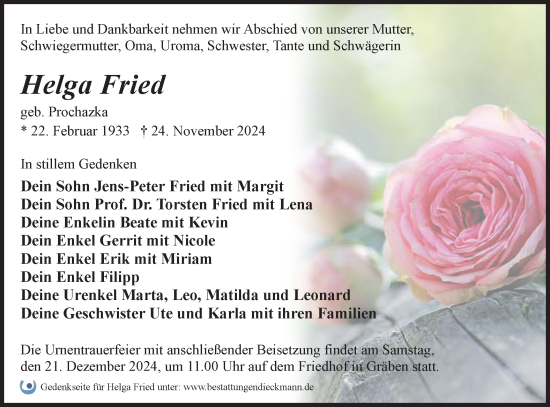 Traueranzeige von Helga Fried von Märkische Oderzeitung