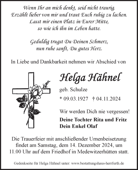 Traueranzeige von Helga Hähnel von Märkische Oderzeitung