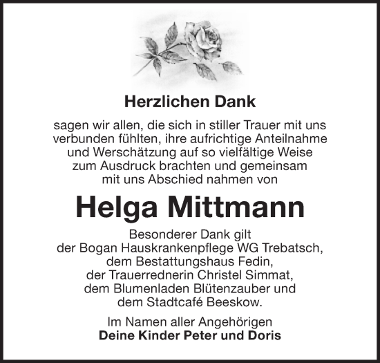 Traueranzeige von Helga Mittmann von Märkische Oderzeitung