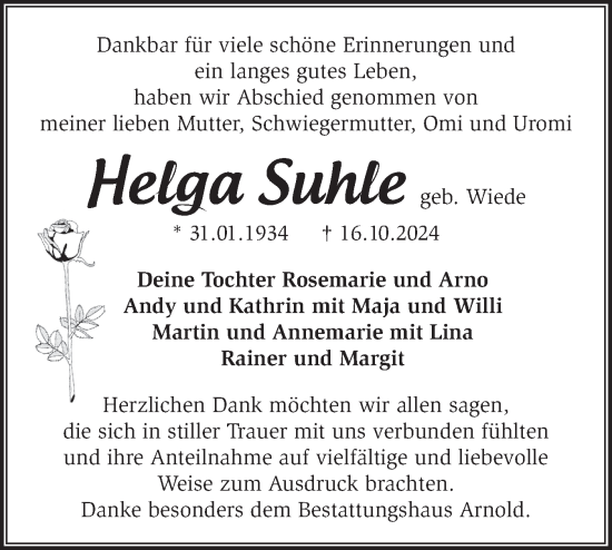 Traueranzeige von Helga Suhle von Märkische Oderzeitung