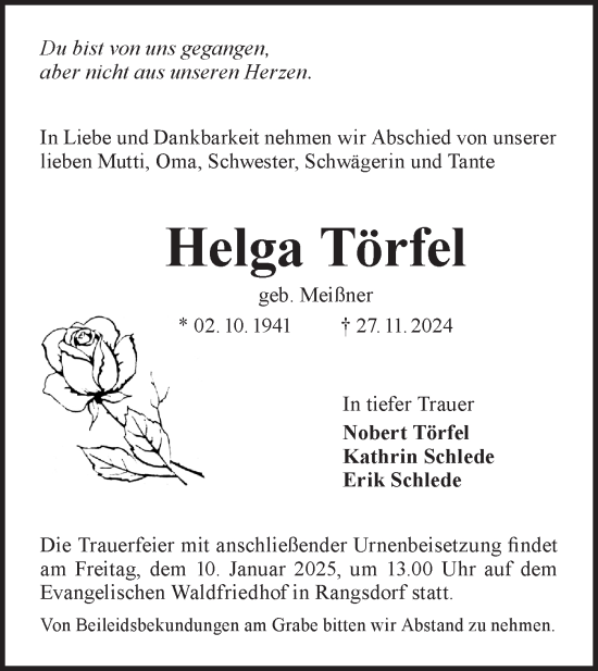 Traueranzeige von Helga Törfel von Märkische Oderzeitung