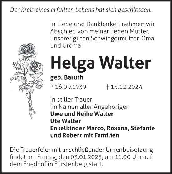 Traueranzeige von Helga Walter von Märkische Oderzeitung