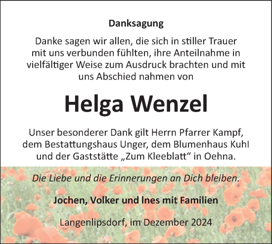 Traueranzeige von Helga Wenzel von Märkische Oderzeitung