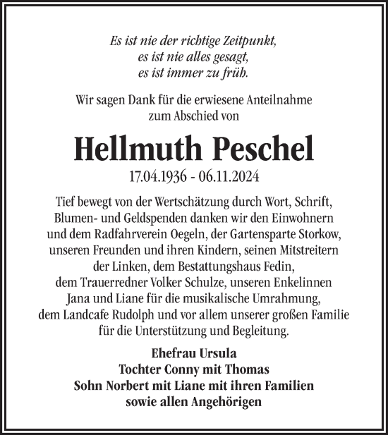 Traueranzeige von Hellmuth Peschel von Märkische Oderzeitung