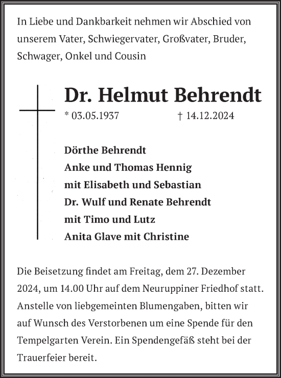 Traueranzeige von Helmut Behrendt von Märkische Oderzeitung