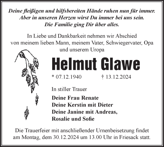 Traueranzeige von Helmut Glawe von Märkische Oderzeitung