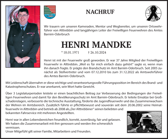 Traueranzeige von Henri Mandke von Märkische Oderzeitung